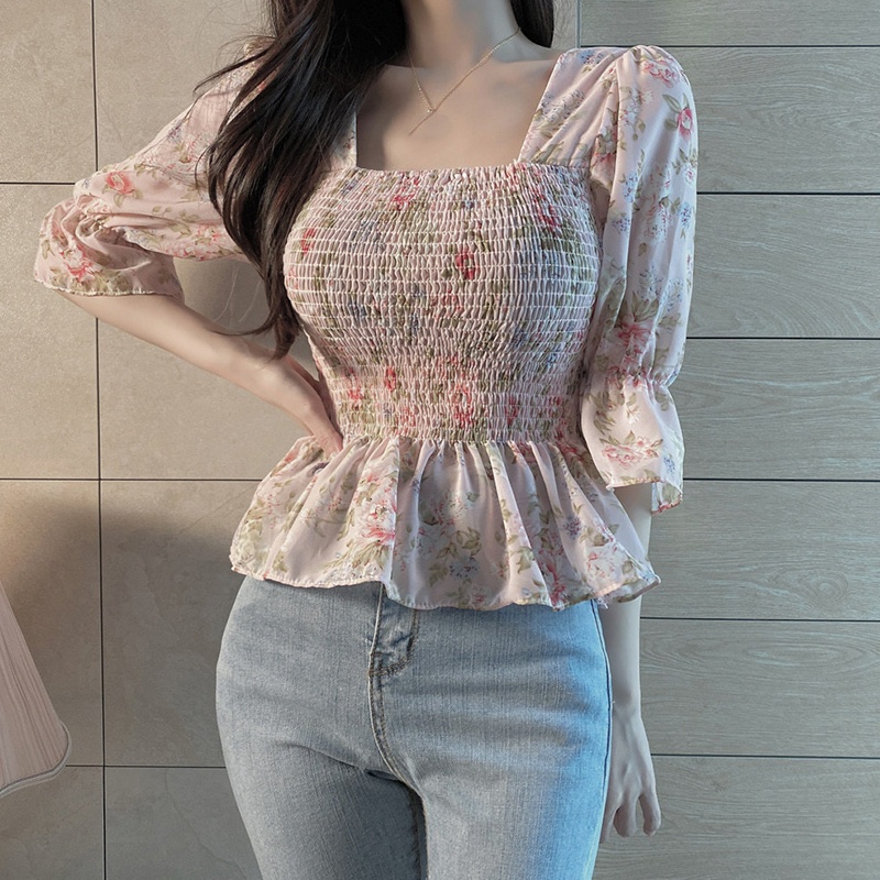 Áo Chiffon Tay Lửng Ống Loe Cổ Vuông In Họa Tiết Hoa Phong Cách Hàn Quốc Cho Nữ