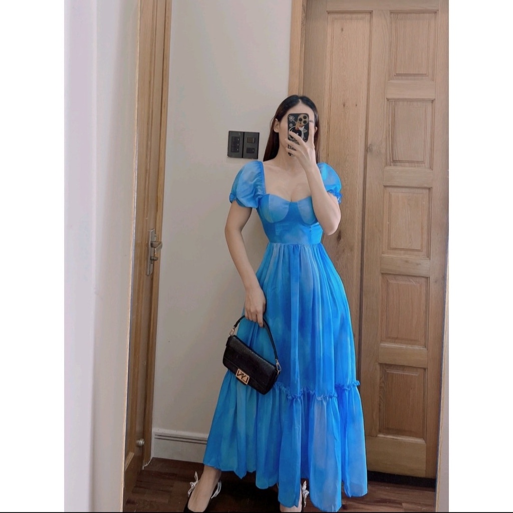 Sẵn Đầm maxi đi biển loang màu xannh và cầu vồng
