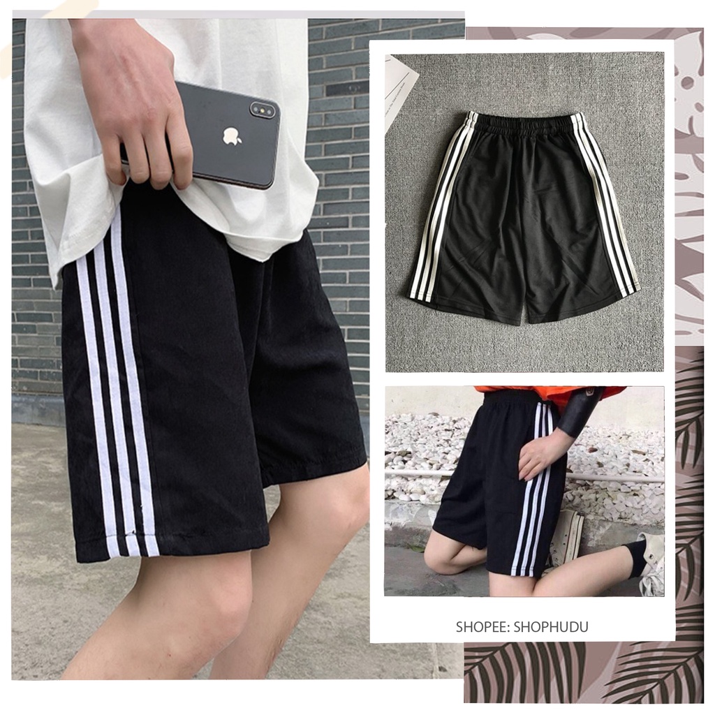 Q006 Quần đùi đen nam nữ ba vạch ống rộng cạp chun dây rút ulzzang, quần short thun co giãn thể thao phong cách