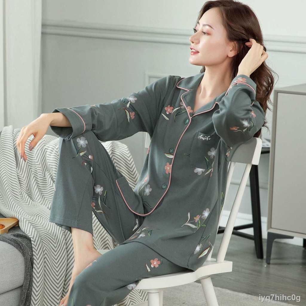 Red bean% cotton pyjama, nữ cardigan suit dài tay, phục vụ tại nhà cho người trung niên và cao tuổiN