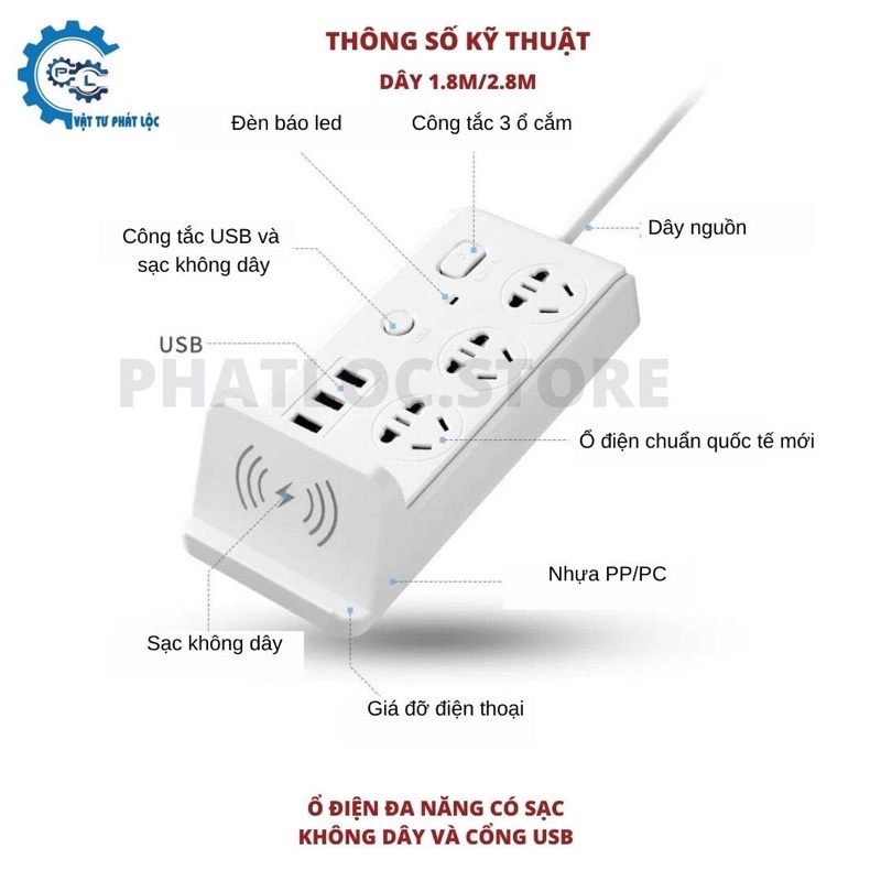 Ổ Cắm Điện Đa Năng Thông Minh Sạc Không Dây 3 Cổng USB Sạc Nhanh, Ổ Chịu Tải 2500W, Tiết Kiệm Điện, Chống Cháy Nổ