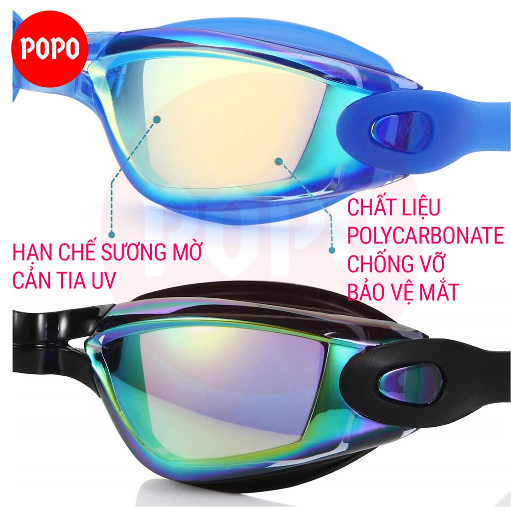 Kính bơi người lớn chính hãng POPO với mắt kiếng bơi tráng gương cản tia UV phù hợp cho nam nữ, cho bé từ 8 tuổi thi đấu