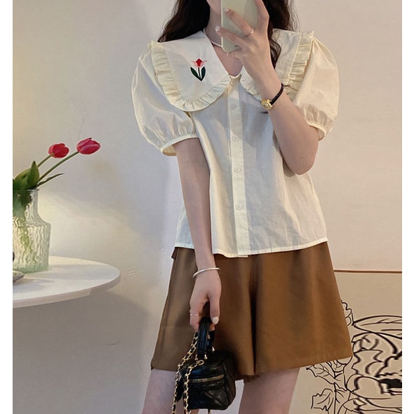 Set Áo Sơ Mi Tay Ngắn Cổ Đứng + Quần Short Ống Rộng Thời Trang Pháp Cho Nữ