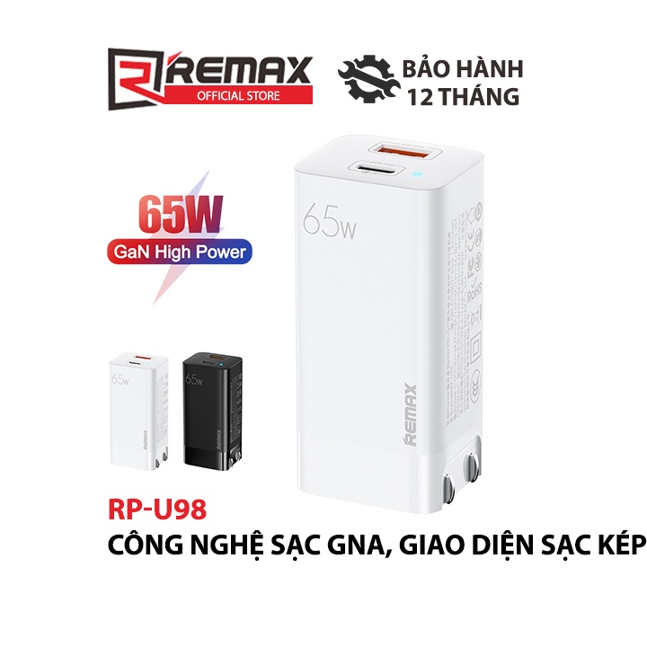 Cóc Sạc Nhanh Remax RP-U98 GaN 65W tích hợp 01 cổng USB A và 01 cổng USB C