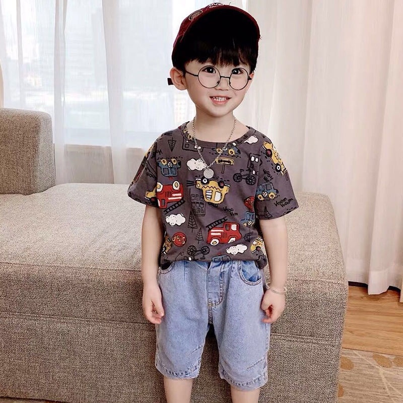 Áo Thun Cotton Ngắn Tay Dáng Rộng In Hoạt Hình Xe Hơi Kiểu Hàn Quốc Cho Bé Trai