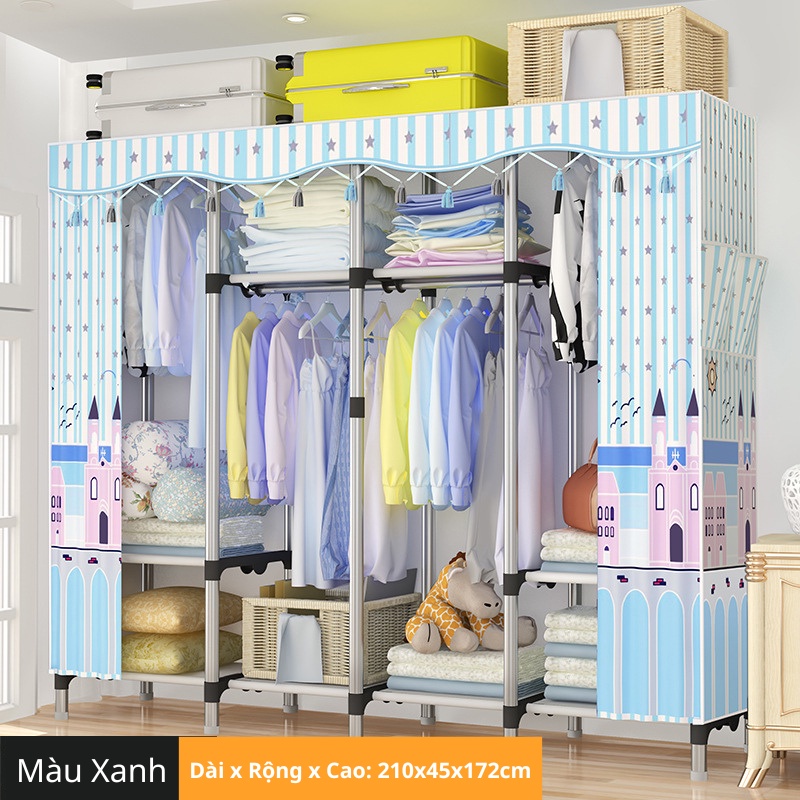 Tủ quần áo vải nhiều buồng khung kim loại chống gỉ bền bỉ, tủ vải treo đồ đa năng họa tiết bắt mắt trang trí nhà cửa