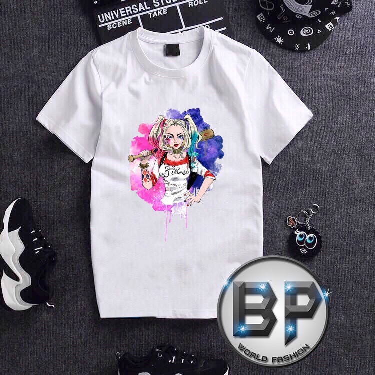 Áo thun trắng HARLEY QUINNN cầm gậy bóng chày in nhiệt 3D nét căng