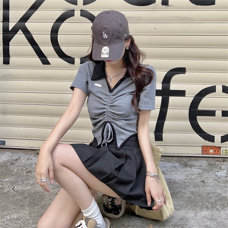 NUZIRO  Áo thun croptop tay ngắn cổ polo thời trang cho nữ