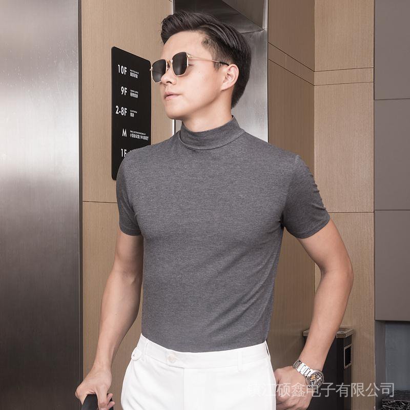 Áo Thun Nam Tay Ngắn Cổ Cao Màu Trơn Vải Cotton Lụa Mát