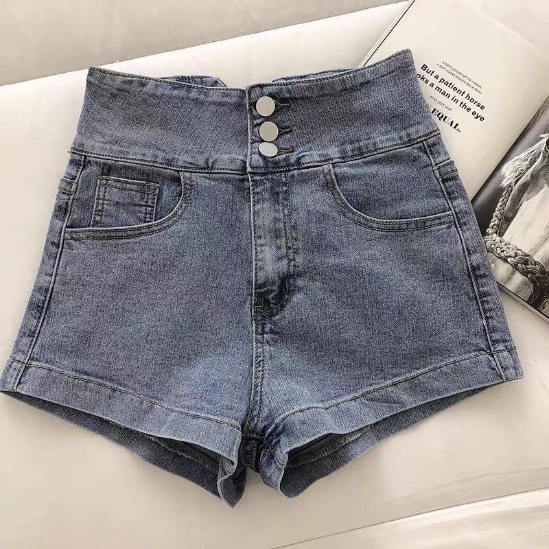Jiashucheng Quần Short Denim Chữ a Lưng Cao Ống Rộng Phối Dây Xích Kim Loại Thời Trang Mùa Hè Cho Nữ