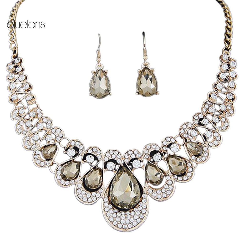 Bộ Trang Sức Dây Chuyền + Bông Tai Hình Giọt Nước Bằng Hợp Kim Đính Đá Nhân Tạo Màu Sắc Tươi Sáng Thời Trang Cho