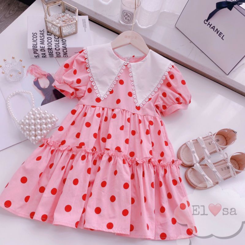 Váy bé gái chấm bi cổ ren - Đầm  cho bé chất đũi mềm mát size 8 - 27ky