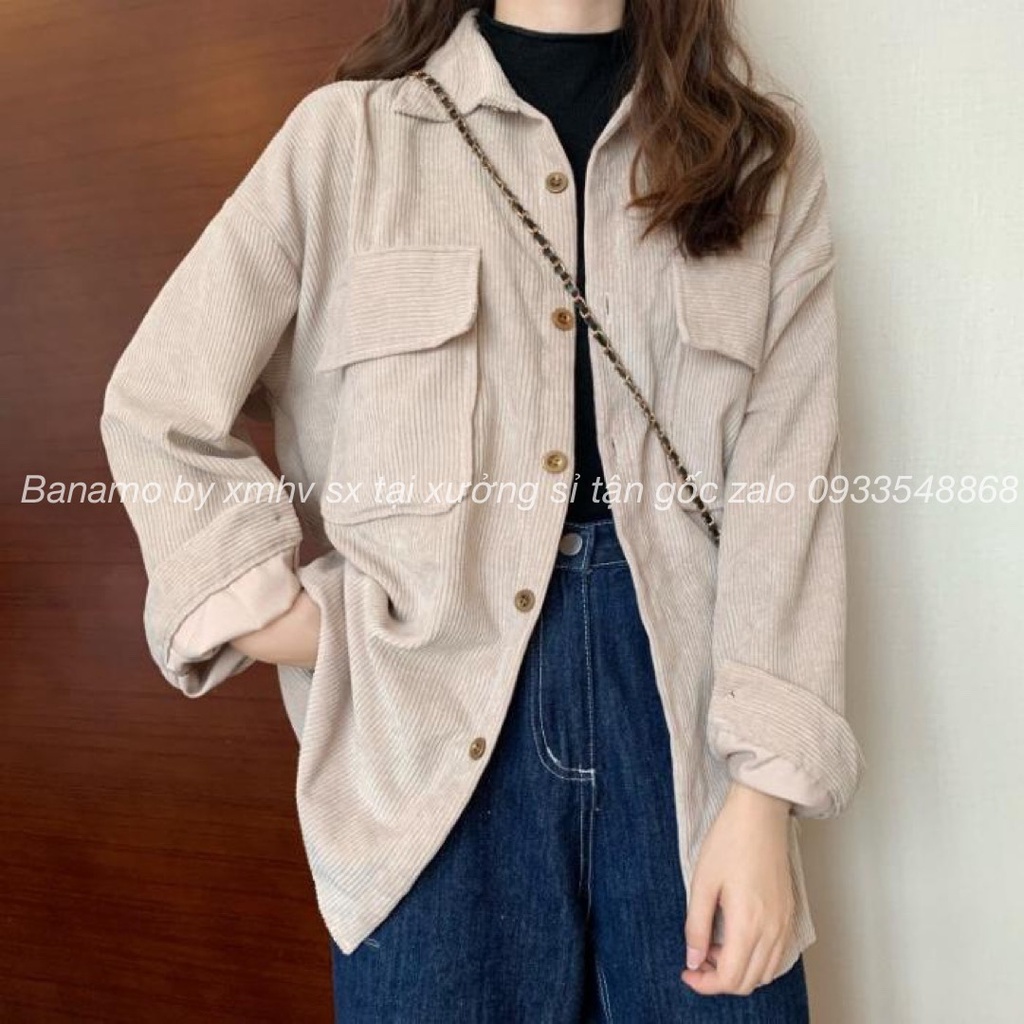 Áo sơ mi áo khoác nhung tăm dáng rộng màu hồng kem đen nâu phong cách ulzzang thời trang Banamo Fashion 351 | BigBuy360 - bigbuy360.vn