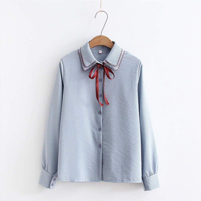 Korean Style Sweet Lace-up Bow Women's Blouse Fashion Casual Stripe Print Double-layer Blouses | BigBuy360 - bigbuy360.vn