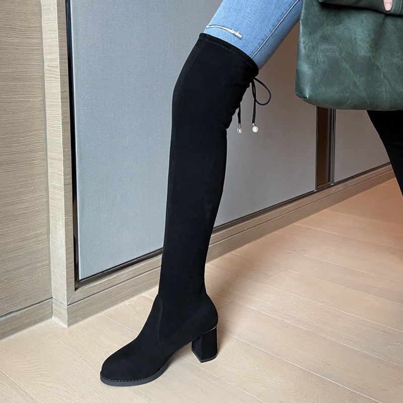 Giày Bốt Cao Gót Cổ Cao Qua Gối Màu Đen Thời Trang Cho Nữ Size 34