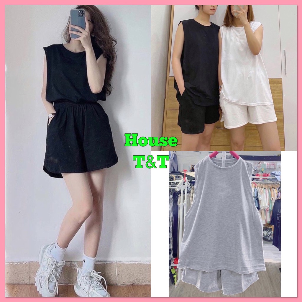 Set bộ tanktop HOUSE T&amp;T Áo tanktop + quần thếu  tívch, chất cotton mịn mát, 3 màu FREESIZE.