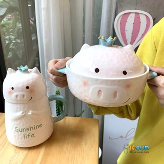 [Order-Ảnh&Video thật] Bát ủ mì và cốc hình chú heo có nắp đậy vương miện dễ thương