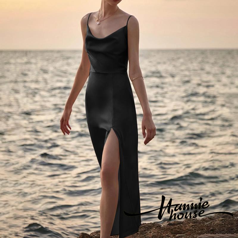 Hannie-đầm Hai Dây Ôm Dáng Xẻ Tà Viền Xẻ Tà Màu Trơn Cho Nữ Dự Tiệc