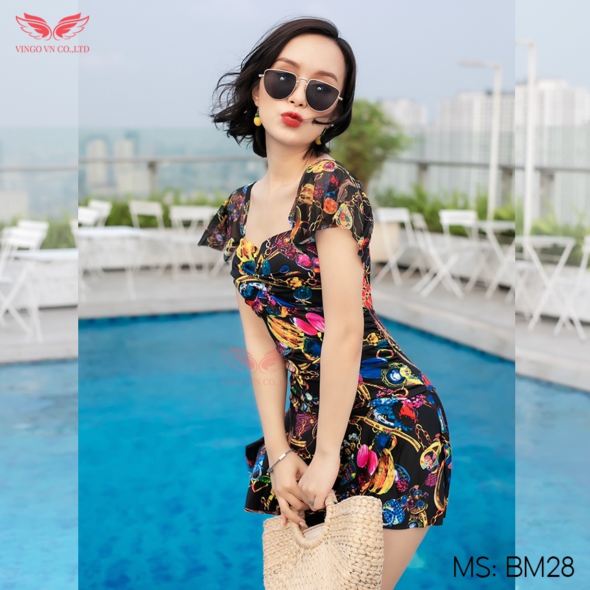 Bộ đồ bơi bikini nữ liền thân đi biển kín đáo VINGO áo có mút ngực tay cánh tiên và váy xoè che khuyết điểm BM28 VNGO