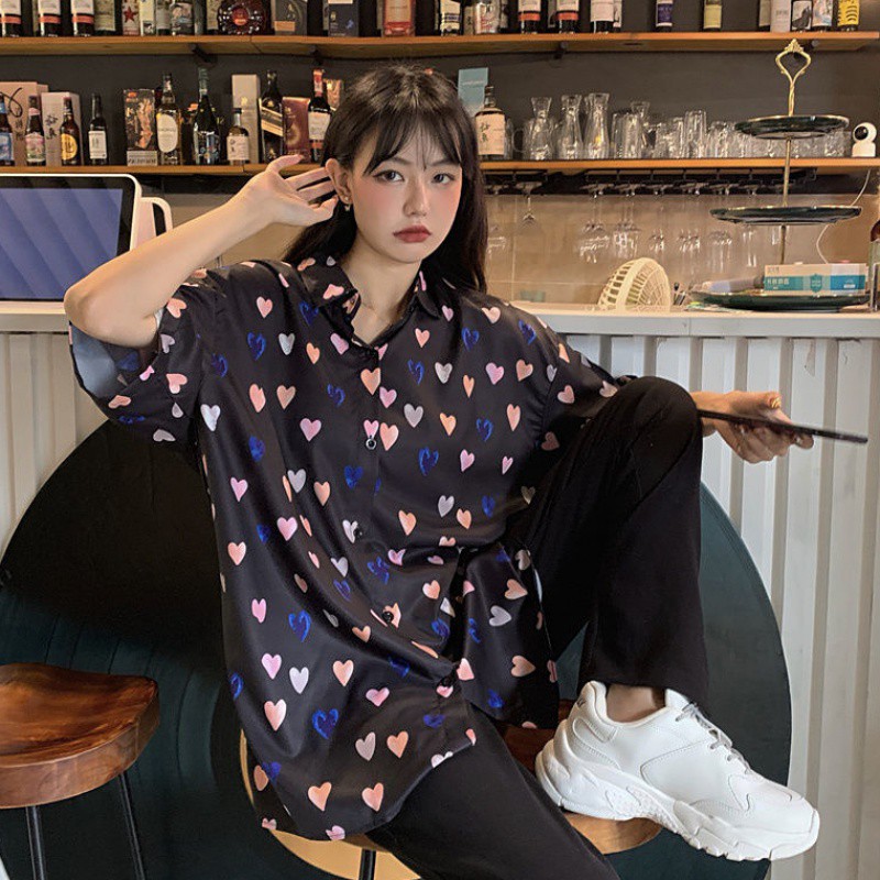 LEEVA - Áo sơ mi họa tiết nữ in hình năng động tay lỡ: Tim