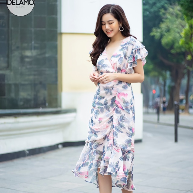 Váy liền cổ đắp chéo suông dún đuôi cá tay tiên