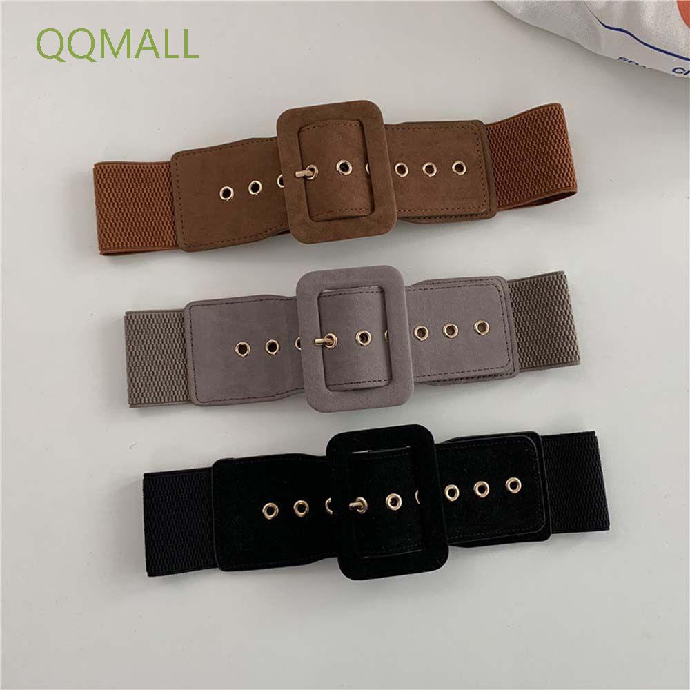 Thắt lưng co giãn bản rộng khóa kim loại phong cách hình học màu đỏ/xám/đen trơn kiểu cổ điển cá tính cho nữ