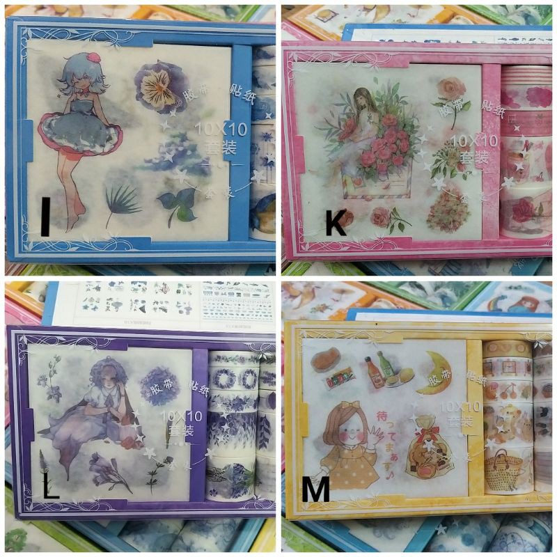 Sale] Set 10 cuộn washi tape và 10 tấm sticker washi trang trí theo chủ đề