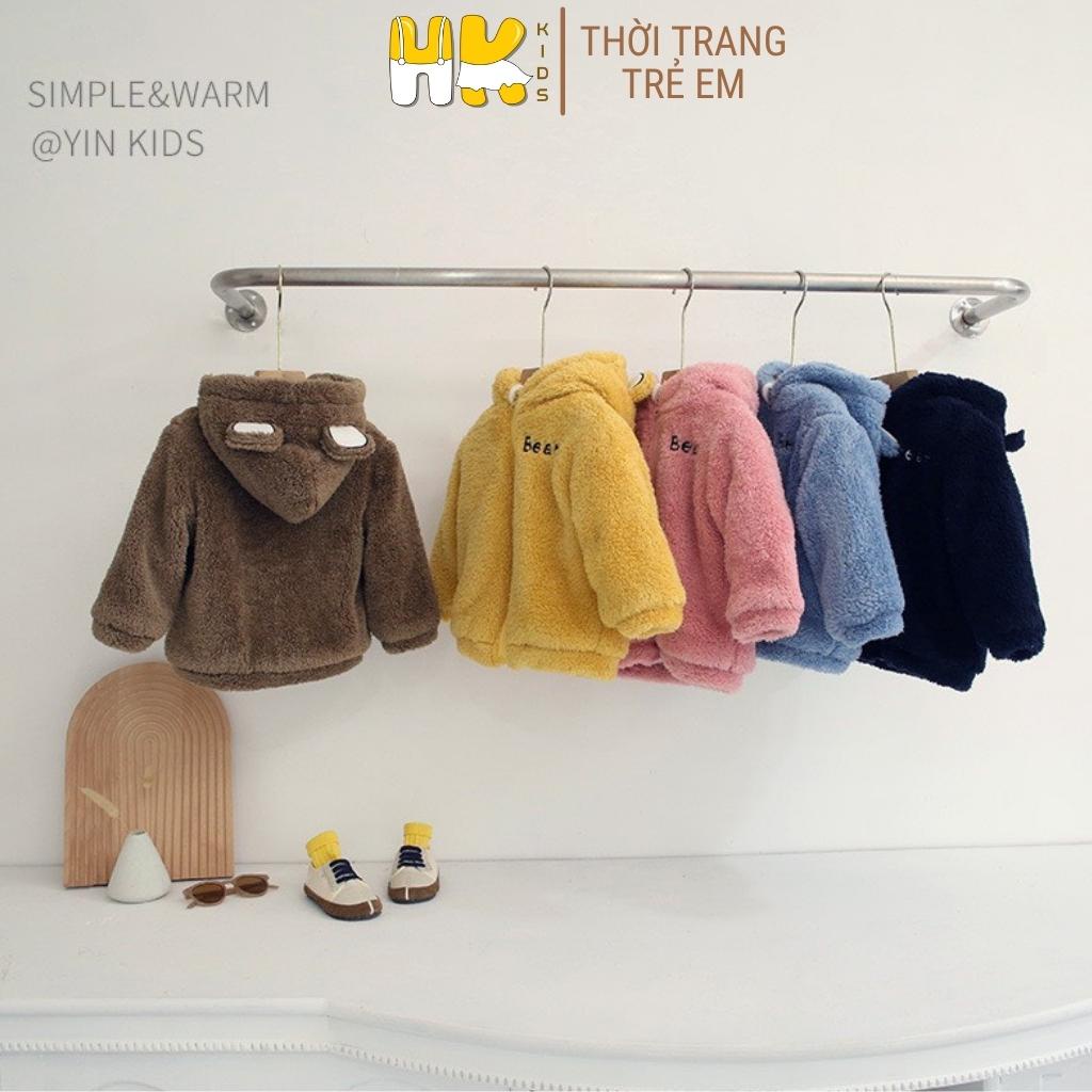 Áo khoác lông cho bé HK KIDS,  lớp lông dày dặn kèm mũ tai gấu xinh xắn cho bé từ 1-6 tuổi
