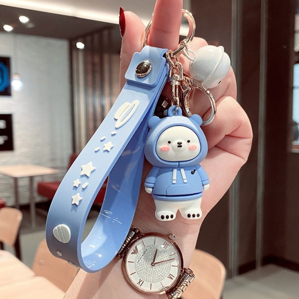 Móc khóa cute hình chú gấu đáng yêu có dây nhựa kèm dài 11,7cm theo phong cách hàn quốc  làm từ chất liệu nhựa pvc