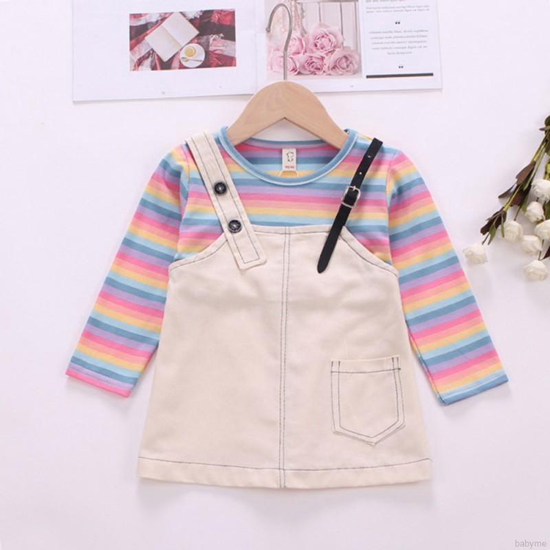 Babyme Autumn Baby Girls Rainbow Stripe Print Long Sleeve Fake 2 Piece Dress Kids Princess Dresses