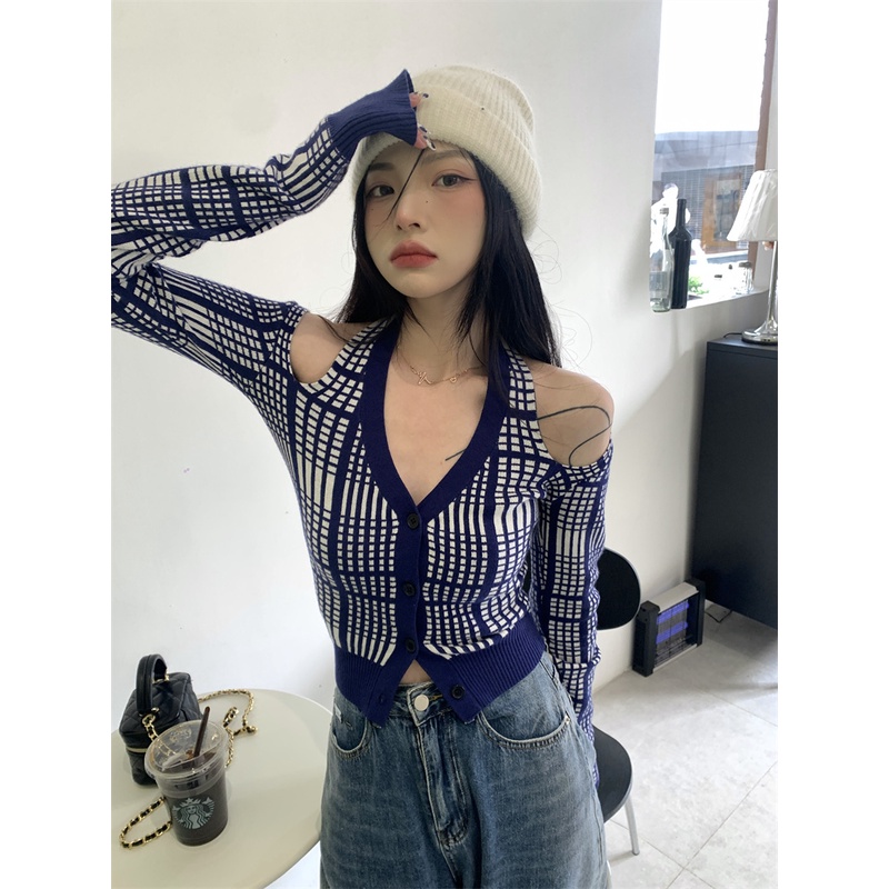 Porozi  Áo dệt kim tay dài cổ chữ V trễ vai phong cách thời trang Hàn Quốc dành cho nữ