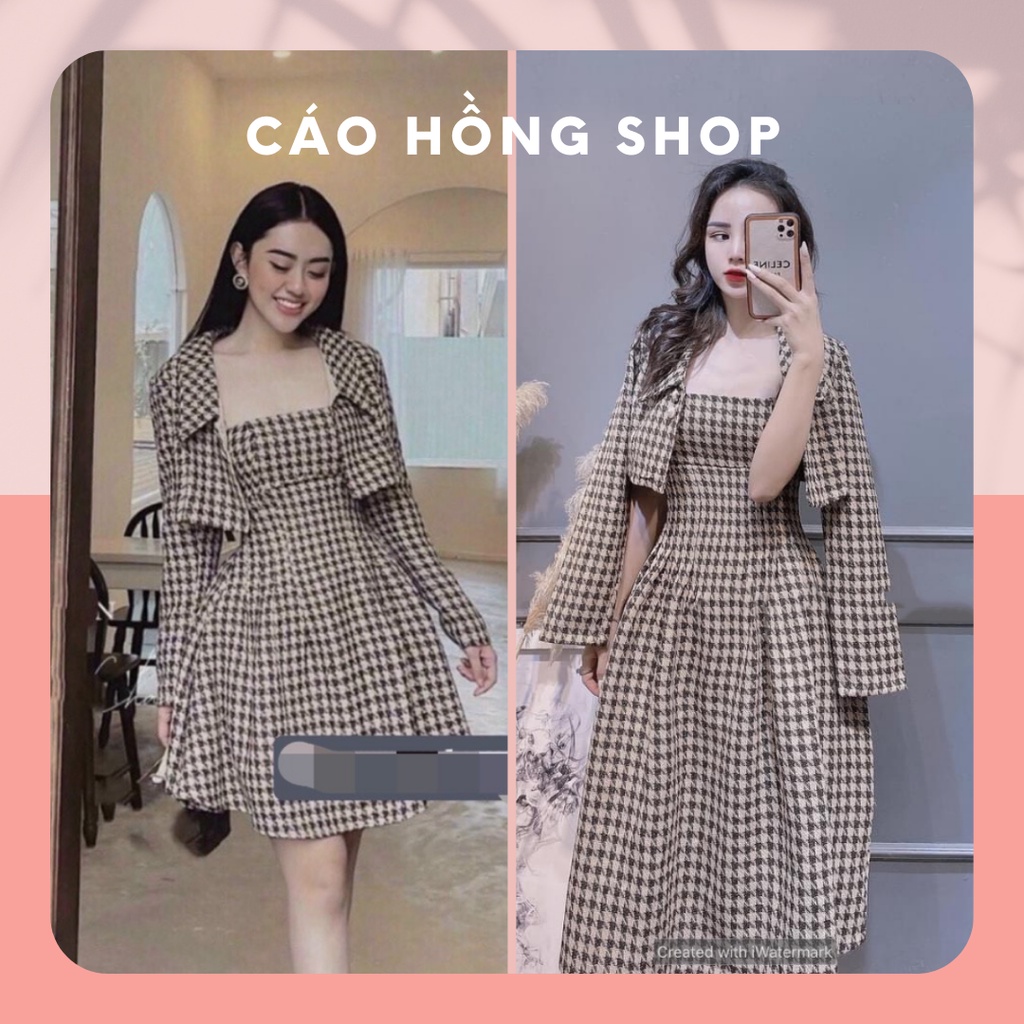 Bộ Váy Dạ Kèm Áo Khoác Croptop Caro, Set Váy Dạ Kèm Khoác Blazer Họa Tiết Caro / Size S-M / Cáo Hồng Shop