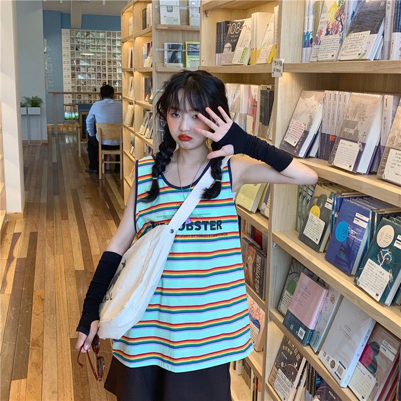 Áo không tay nữ Dáng Rộng In Chữ Màu Cầu Vồng Phong Cách Hàn Quốc Hàng Mới