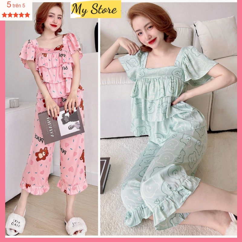 Đồ ngủ nữ tay cánh tiên quần lửng, vải lụa latin thiết kế mềm mát Freesize dưới 62kg My Store
