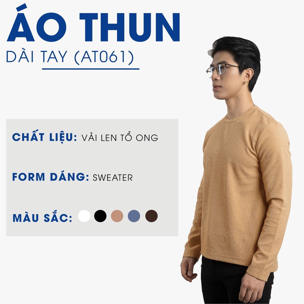 Áo thun dài tay nam trơn 4MEN AT061 cổ tròn, form sweater suông, xẻ lai trẻ trung, chất vải len tổ ong đẹp, dày dặn