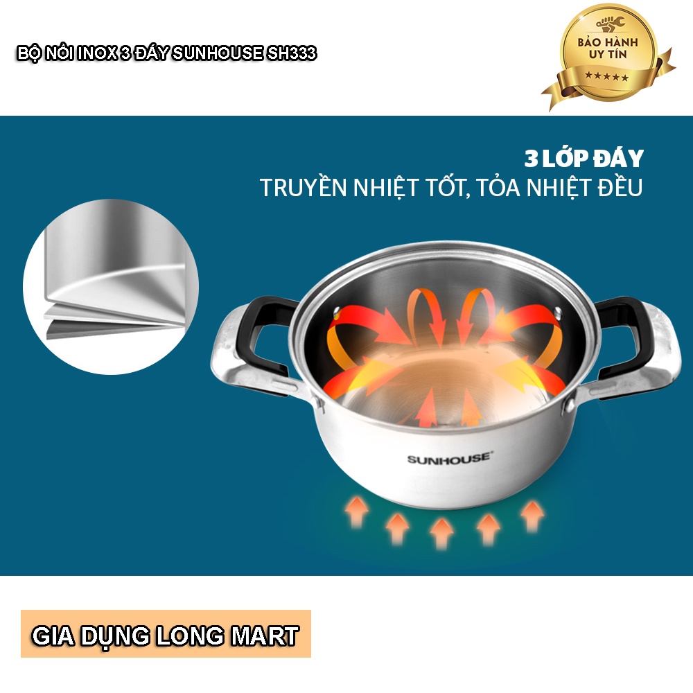 Bộ Nồi INOX 3 Đáy SUNHOUSE SH333, Hàng Chính Hãng, Sử Dụng Tất Cả Các Loại Bếp, Bảo Hành 12 Tháng