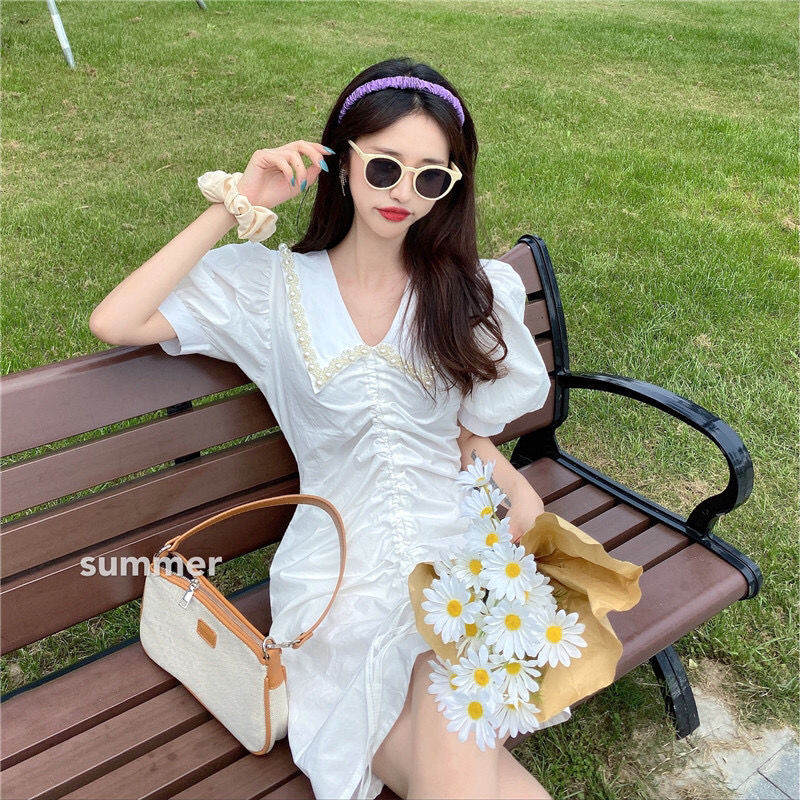 Đầm ôm Tay Ngắn Cổ Chữ V Phong Cách Hàn Quốc