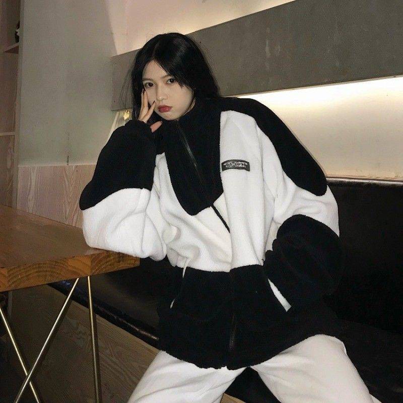 Áo Khoác Lông TH PEONYB Nữ [FREESHIP] 🌸 Sweater nỉ bông phối trắng đen, hoodie zip form rộng tay bồng Ulzzang 🌸 | BigBuy360 - bigbuy360.vn