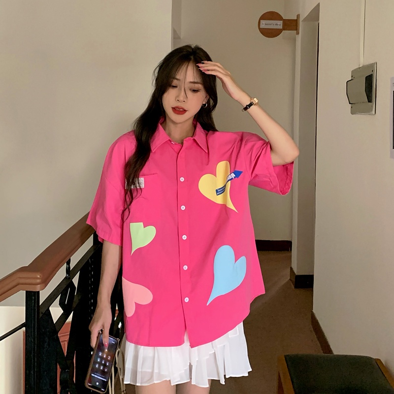 SUXI Áo Sơ Mi Nữ Tay Ngắn Dáng Rộng In Hình Trái Tim Phong Cách Retro