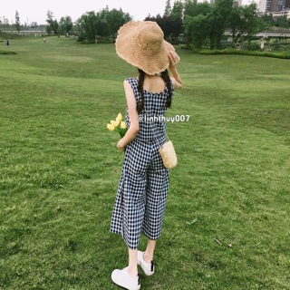Set bộ đồ kẻ ô caro áo ba lỗ và quần culottes lửng xẻ sườn cực đẹp đáng yêu