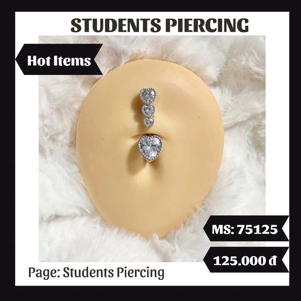 [Rẻ Vô Địch] Khuyên Rốn 3 Đá Hình Trái Tim Màu Bạc - Khuyên Thép 316L