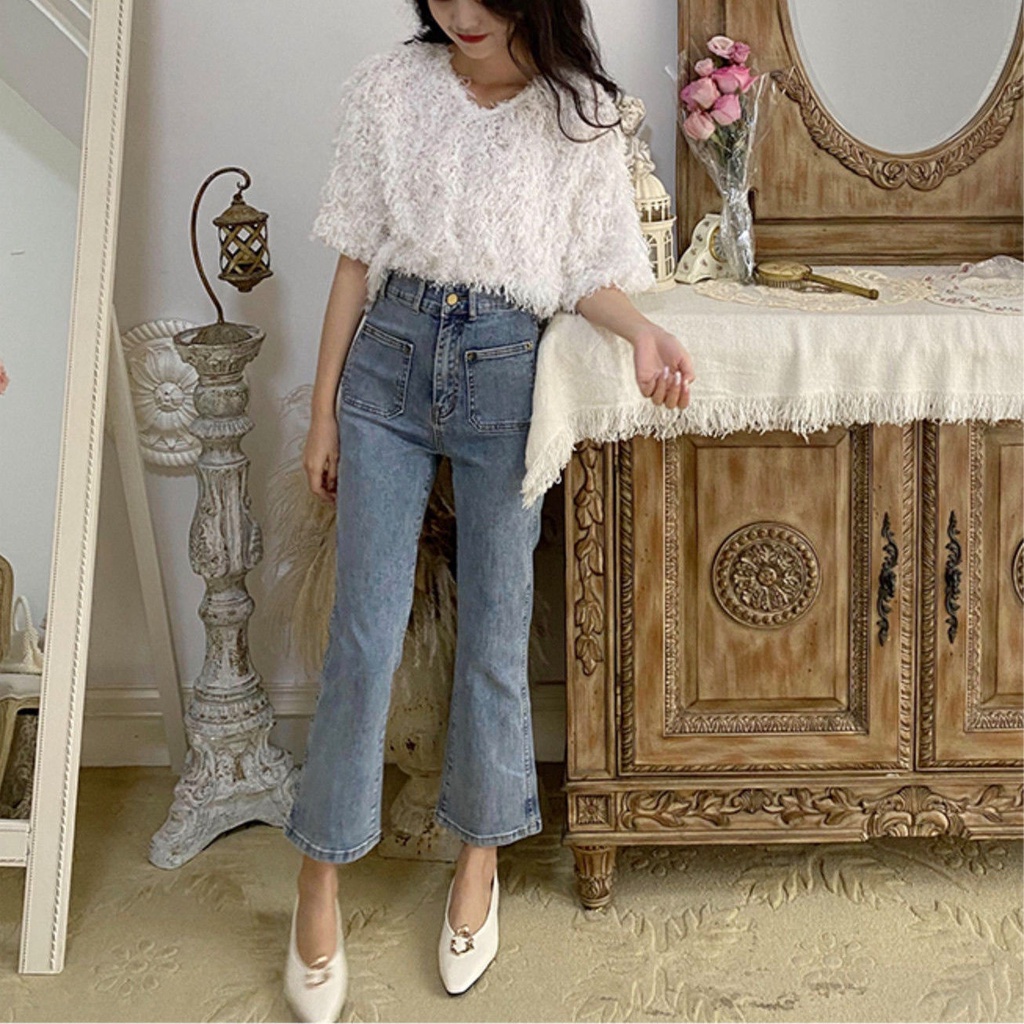 Quần jeans lưng cao phong cách retro Hong Kong cho nữ