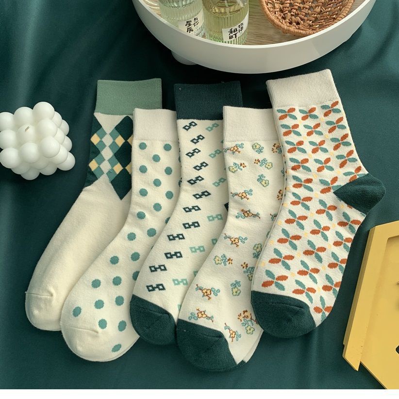 Vớ tất unisex họa tiết chéo, sọc hoa xanh cổ cao