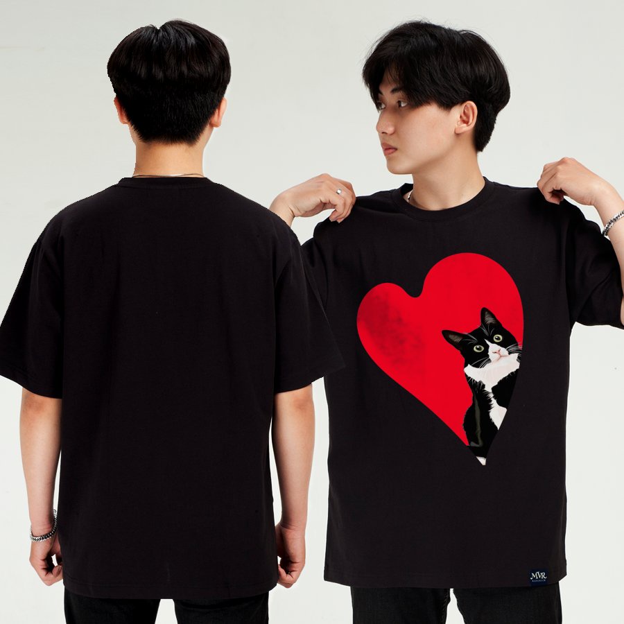 Áo thun cặp nam nữ couple phom rộng phông cotton thoáng mát trái tim mèo dễ thương MVR KK3852