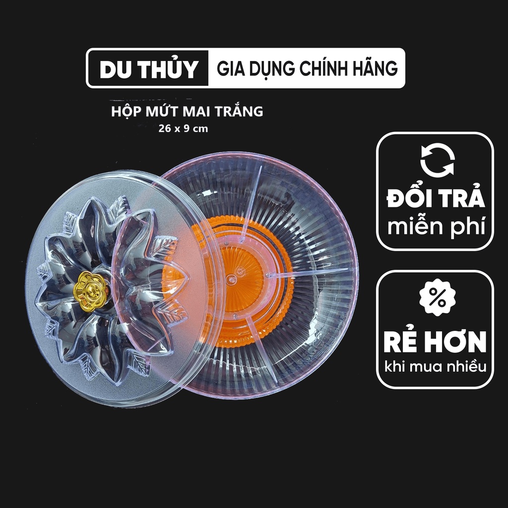 Hộp mứt tết mai trắng đường kính 26 x cao 9 cm nhựa arcylic cao cấp có đế xoay tiện lợi, nhiều ngăn đựng, nhiều màu sắc
