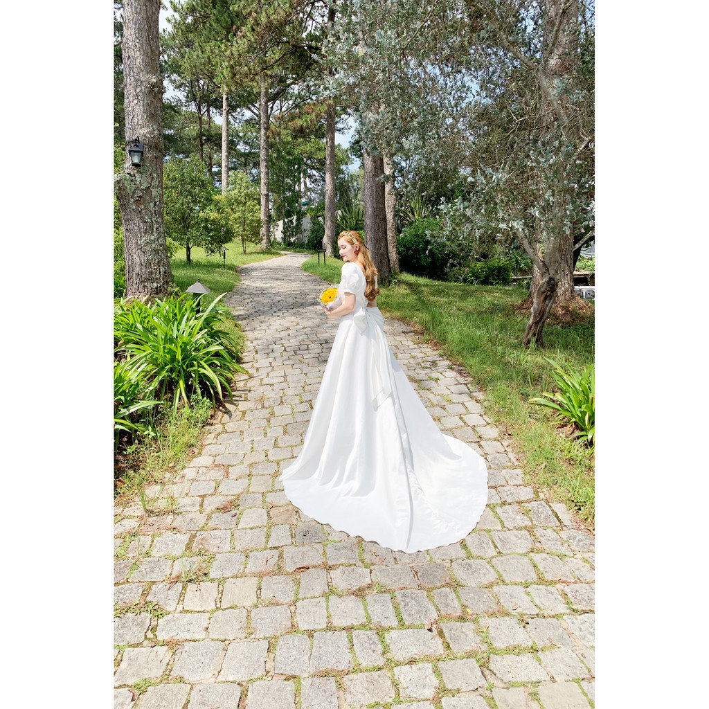 Đầm maxi trắng đuôi dài tay phồng sang trọng chụp cưới cực đẹp <3 - kèm hình thật 100%