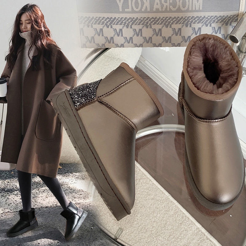 Giày Bốt Đi Tuyết Vải Cotton Phối Da Đế Dày Chống Thấm Nước Kiểu Hàn Quốc Thời Trang Mùa Đông Cho Nữ 2022