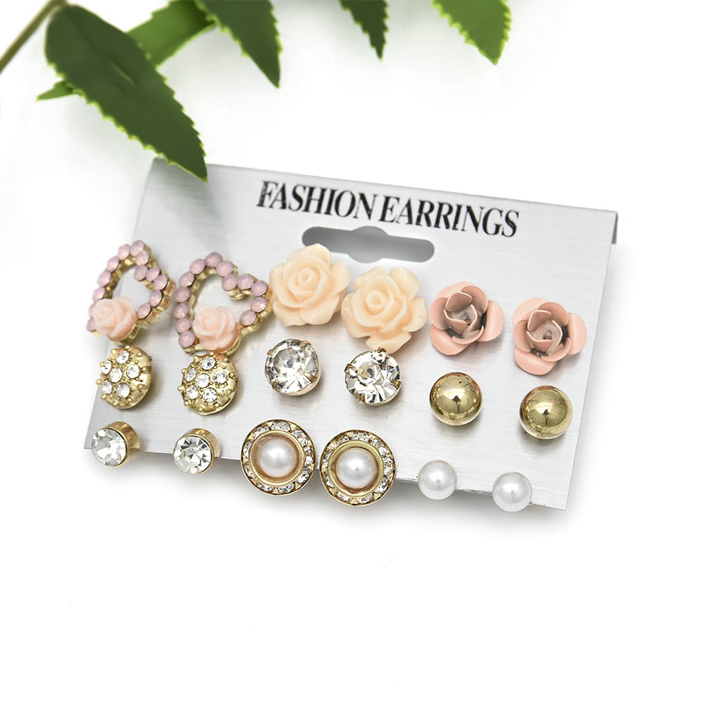 Set 9 đôi bông tai đính đá / ngọc trai giả thanh lịch