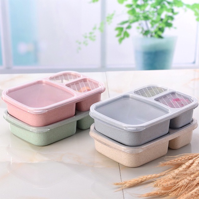 Hộp cơm bento khay nhựa lúa mạch 3 ngăn văn phòng