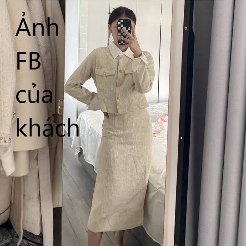 [sẵn] Set Áo Váy Dạ Tweed Màu Vàng Be Siêu Sang Chảnh Có Ảnh Thật AC053